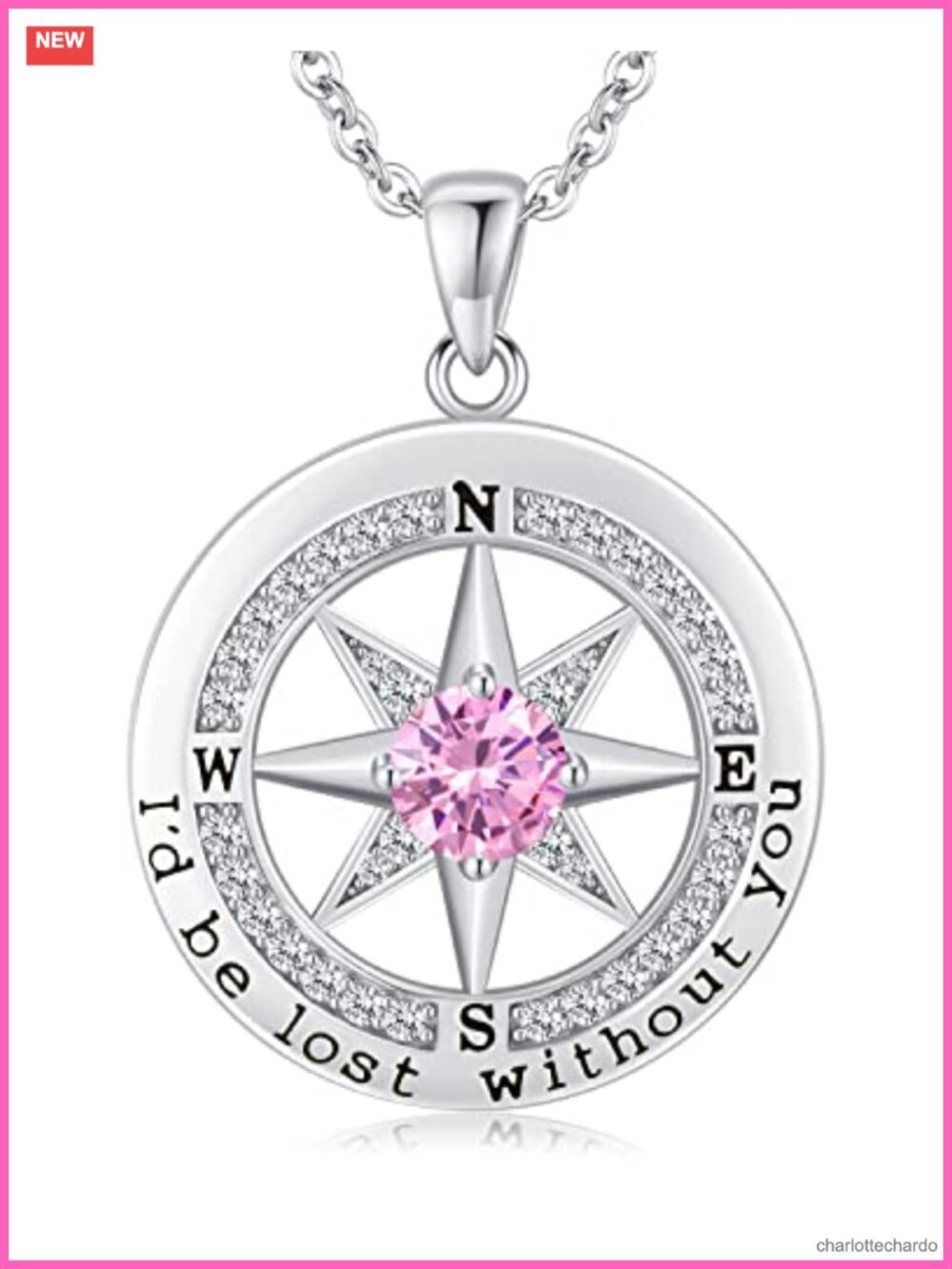 S925 Sterling Silver Compass Pendant Necklace Cubic Zirconia Anniversary Gift